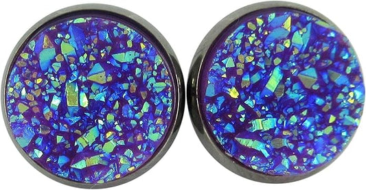 Hematite-tone Faux Druzy Stone Stud Earrings 12mm (Purple AB)