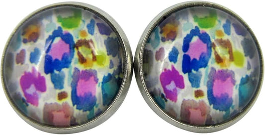 Summerfield Collection Stainless Steel Colorful Watercolor Animal Print Glass Stud Earrings 12mm
