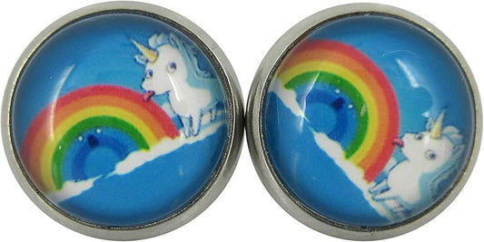 Summerfield Collection Stainless Steel Unicorn Licking Rainbow Print Glass Stud Earrings 12mm