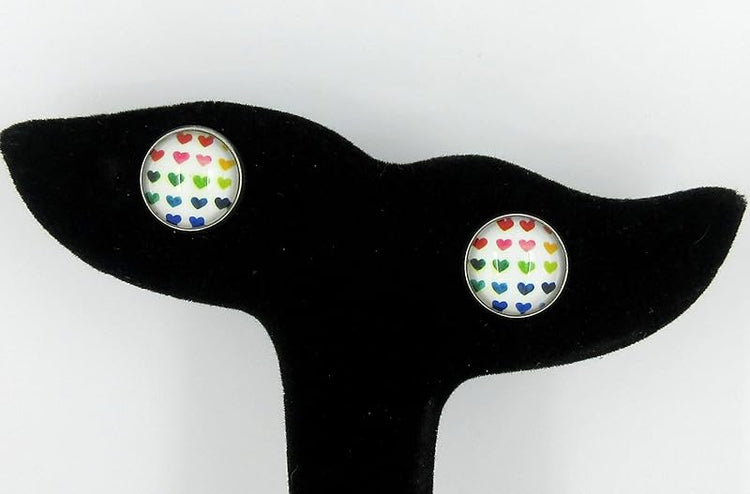 Summerfield Collection Stainless Steel Rainbow Multi Heart Print Glass Stud Earrings 12mm White Red