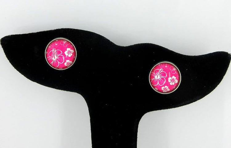 Summerfield Collection Stainless Steel Hibiscus Flower Print Glass Stud Earrings 12mm Hawaiian (Hot Pink)