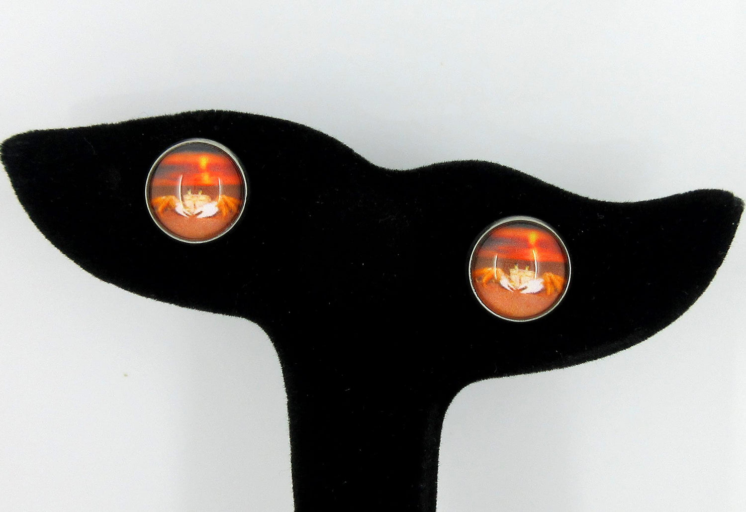 Stainless Steel Sunset Crab on the Beach Print Glass Stud Earrings 12mm