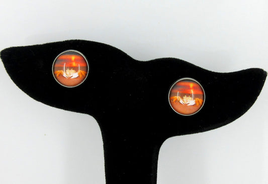 Stainless Steel Sunset Crab on the Beach Print Glass Stud Earrings 12mm