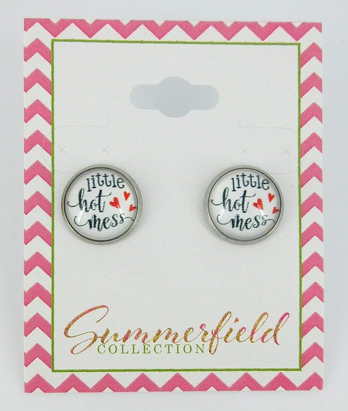 Summerfield Collection Stainless Steel Hot Mess Print Glass Stud Earrings 12mm (Little Hot Mess)