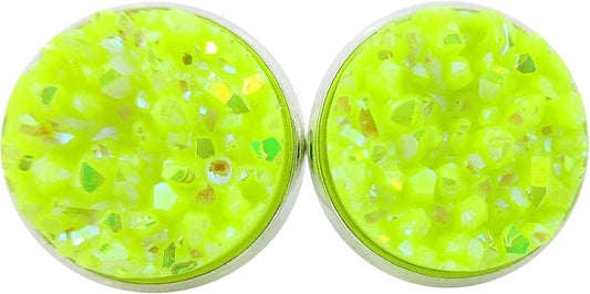 Summerfield Collection Stainless Steel Neon Yellow AB Faux Druzy Stone Stud Earrings (12mm)