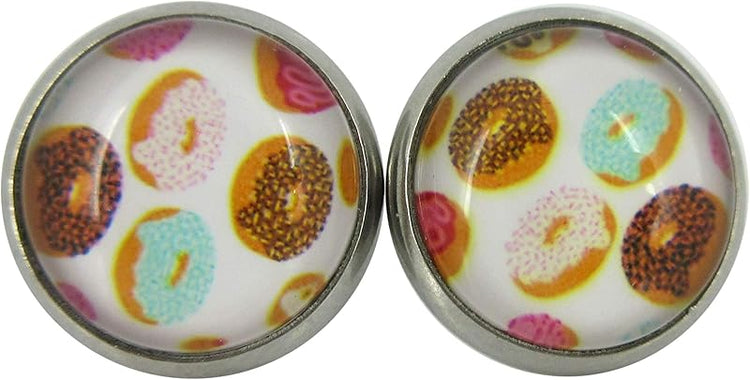 Summerfield Collection Stainless Steel Pink Blue Brown Doughnut Print Glass Stud Earrings 12mm