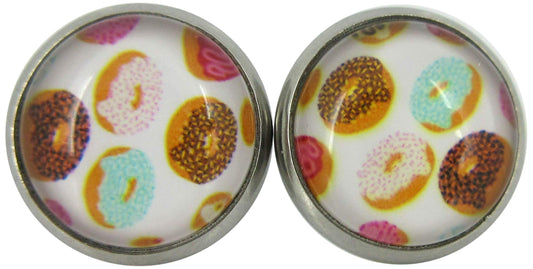 Stainless Steel Pink Blue Brown Doughnut Print Glass Stud Earrings 12mm