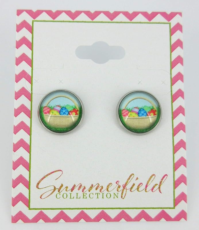 Summerfield Collection Stainless Steel Easter Egg Basket Print Glass Stud Earrings 12mm