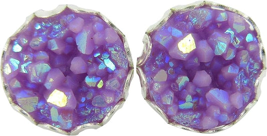 Summerfield Collection Silver-tone Purple AB Faux Druzy Stone Stud Earrings 10mm