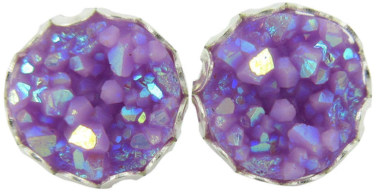 Silver-tone Purple AB Faux Druzy Stone Stud Earrings 10mm