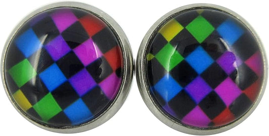 Summerfield Collection Stainless Steel Checkerboard Print Glass Stud Earrings 12mm (Rainbow)