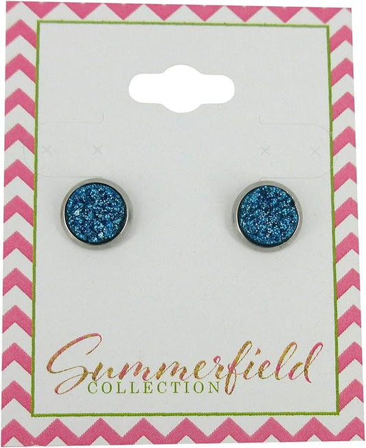 Summerfield Collection Stainless Steel Glitter Faux Druzy Stone Stud Earrings 8mm (Ocean Blue)