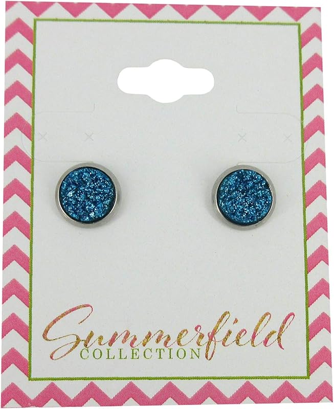 Summerfield Collection Stainless Steel Glitter Faux Druzy Stone Stud Earrings 8mm (Ocean Blue)