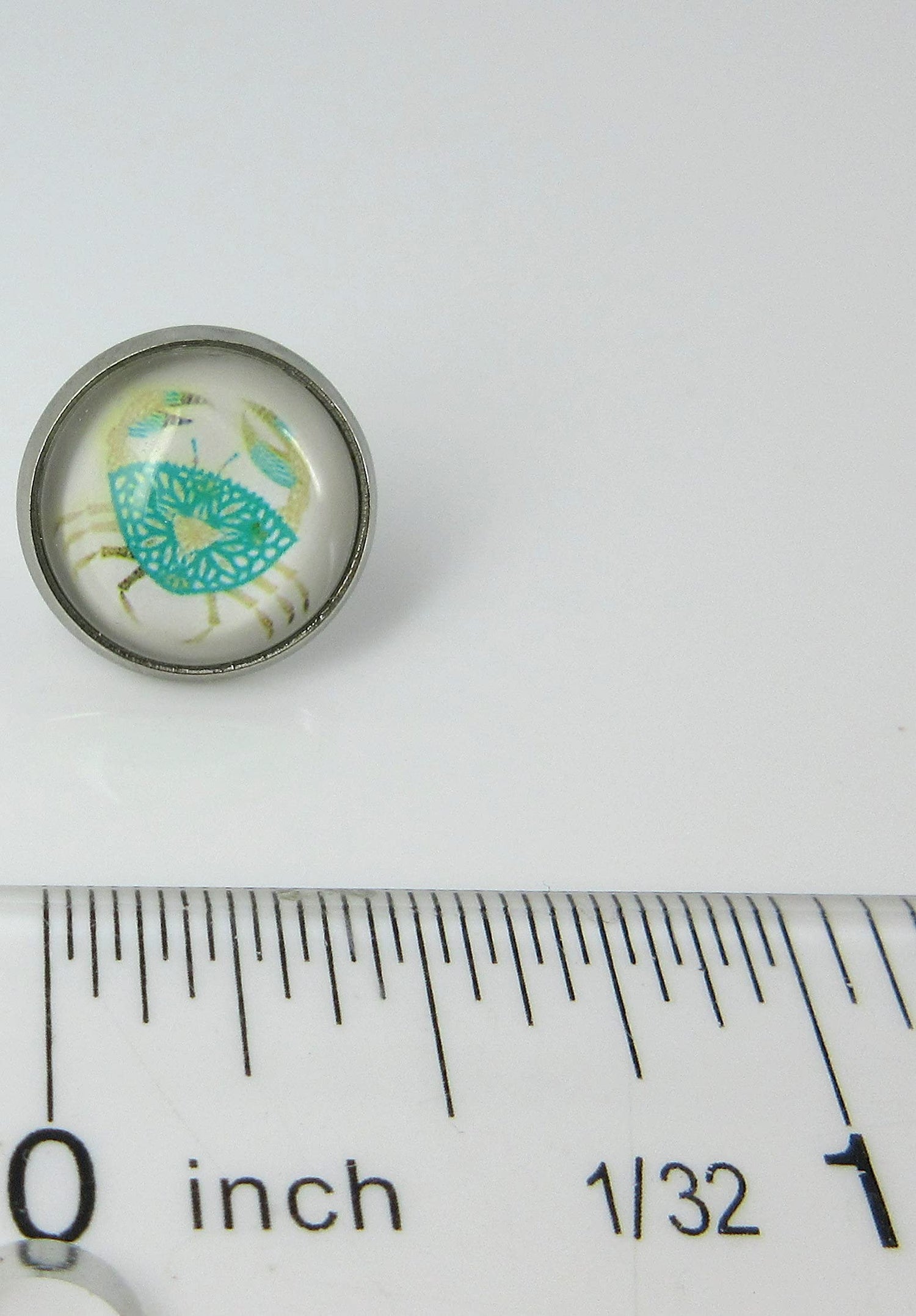 Stainless Steel Blue Crab Print Glass Stud Earrings 12mm