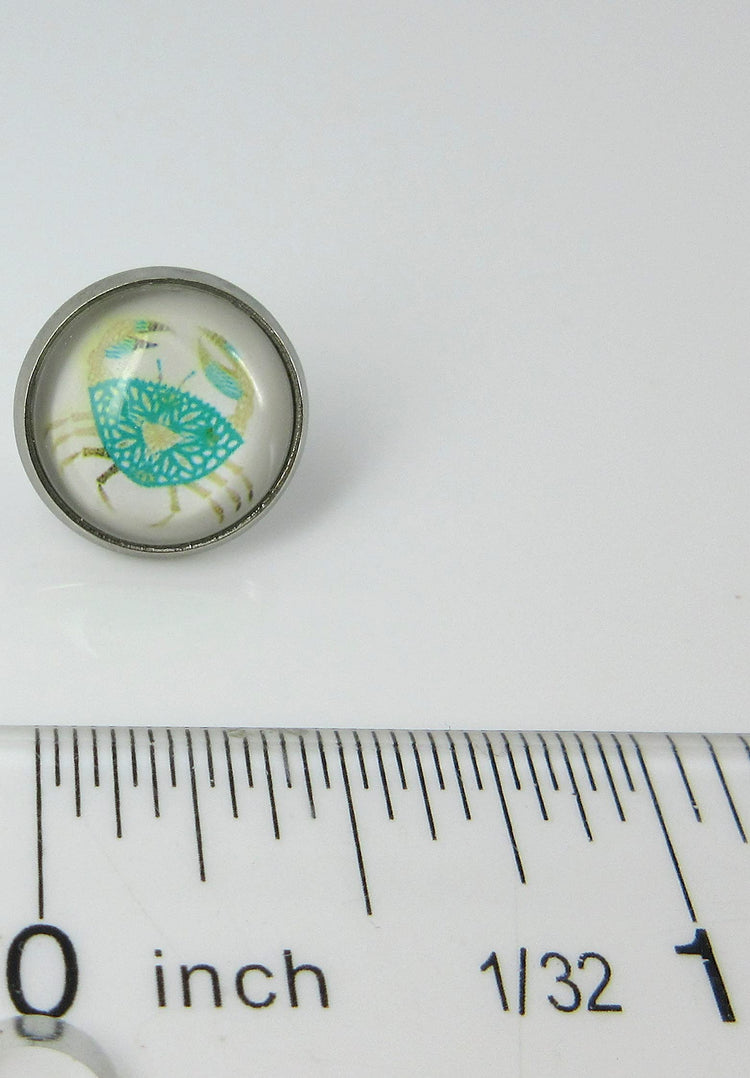 Stainless Steel Blue Crab Print Glass Stud Earrings 12mm