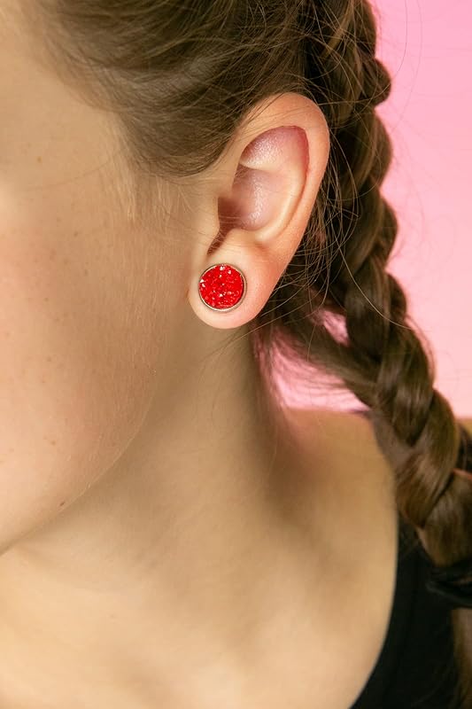 Summerfield Collection Stainless Steel Matte Faux Druzy Stone Stud Earrings 10mm (Classic Red)