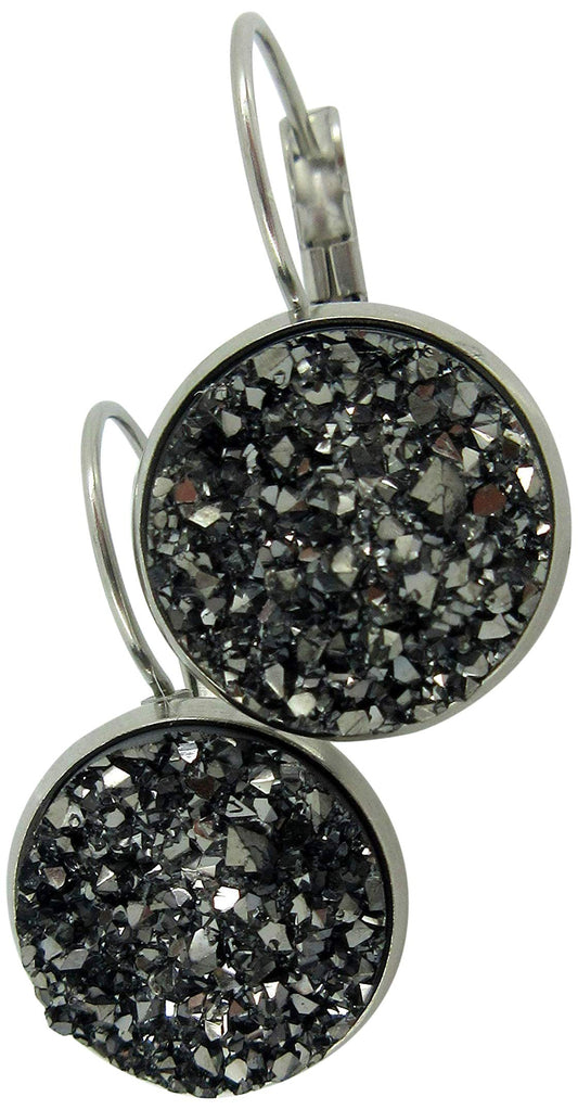 Stainless Steel Faux Druzy Stone Lever-back Drop Earrings 14mm (Gunmetal Gray)