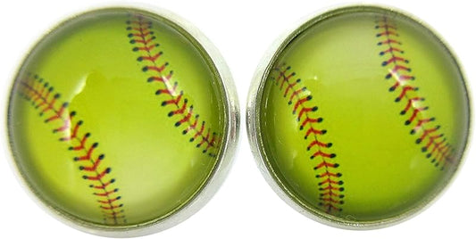 Summerfield Collection Silver-tone Softball Print Glass Stud Earrings 12mm