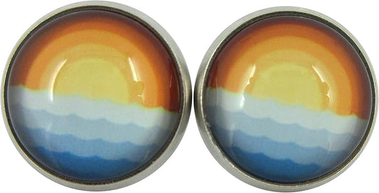 Summerfield Collection Stainless Steel Vintage Sunset Horizon and Ocean Waves Print Glass Stud Earrings 12mm