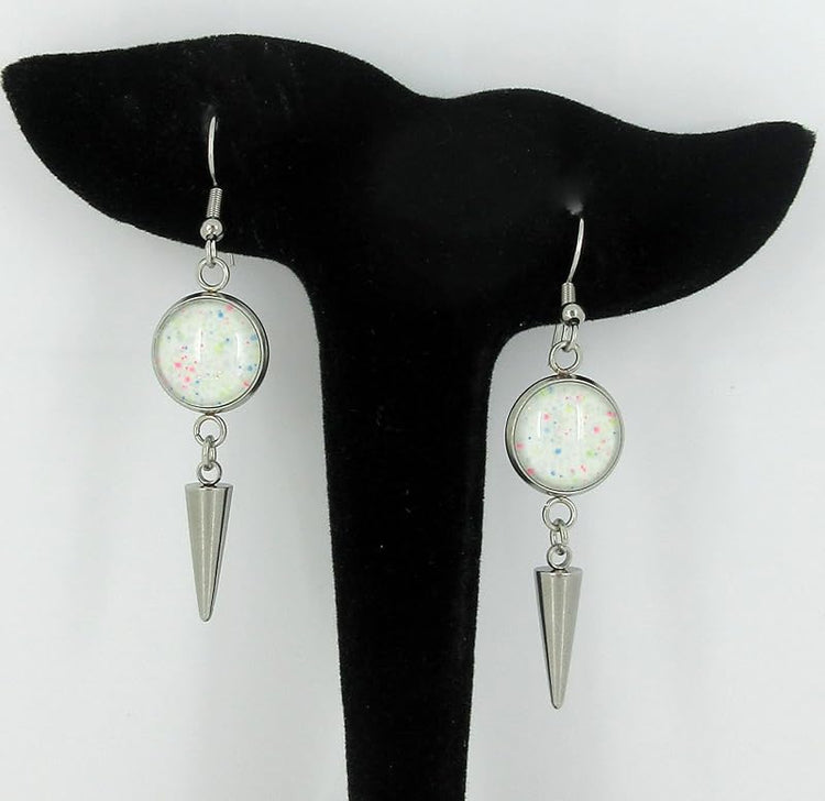 Summerfield Collection Stainless Steel White and Neon Confetti Glitter Glass Charm Dangle Earrings Handpainted Glow in the Dark