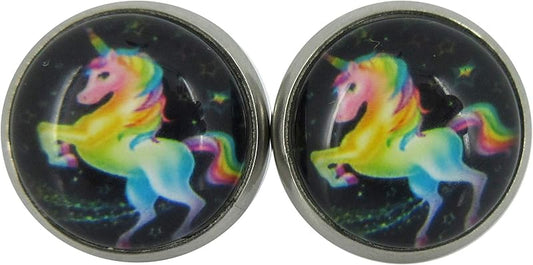Summerfield Collection Stainless Steel Rainbow Unicorn Black Print Glass Stud Earrings 12mm
