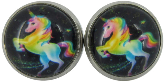 Stainless Steel Rainbow Unicorn Black Print Glass Stud Earrings 12mm