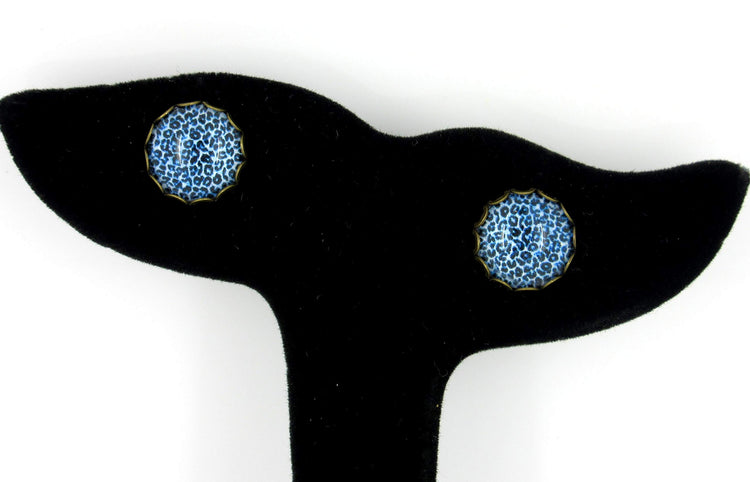 Antiqued Gold-tone Animal Print Glass Stud Earrings 12mm (Med Blue)