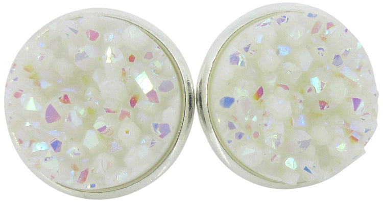 Silver-tone Solid AB Faux Druzy Stone Stud Earrings 12mm (White)