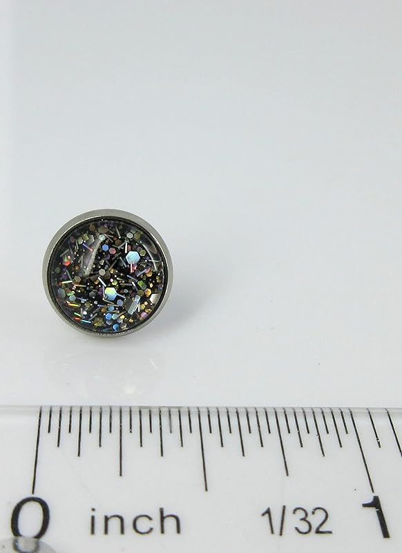 Summerfield Collection Stainless Steel Metallic Black with Silver and Gold Glitter Glass Stud Earrings Hand-painted 10mm