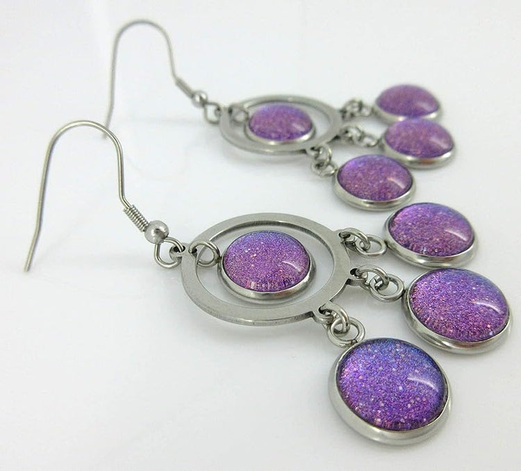 Summerfield Collection Stainless Steel Colorshifting Glitter Glass Chandelier Dangle Earrings Handpainted (Purple)