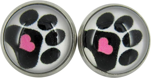 Summerfield Collection Stainless Steel Black and White Paw Print Pink Heart Glass Stud Earrings 12mm