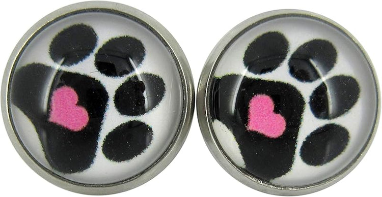 Summerfield Collection Stainless Steel Black and White Paw Print Pink Heart Glass Stud Earrings 12mm