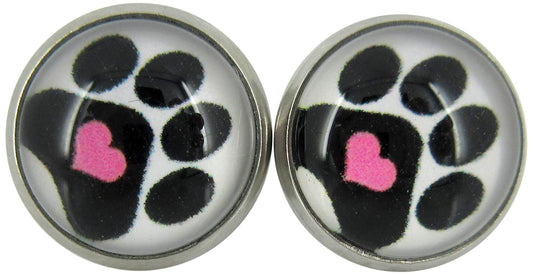 Stainless Steel Black and White Paw Print Pink Heart Glass Stud Earrings 12mm