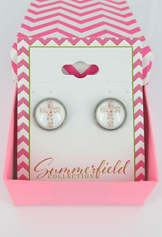 Summerfield Collection Stainless Steel White and Pink Flower Cross Print Glass Stud Earrings 12mm