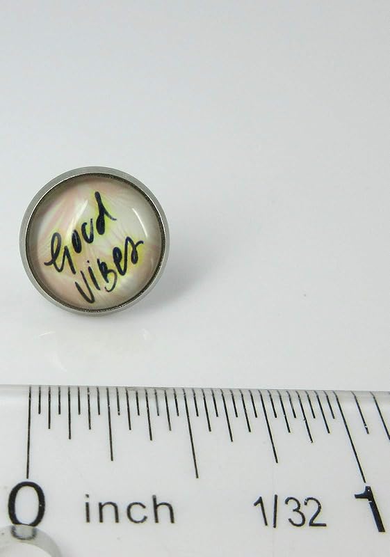 Summerfield Collection Stainless Steel Good Vibes Print Glass Stud Earrings 12mm (Peachy Pink)