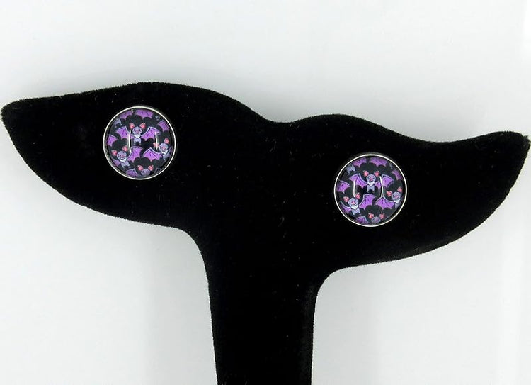 Summerfield Collection Stainless Steel Halloween Printed Glass Stud Earrings 12mm (Purple Bat)