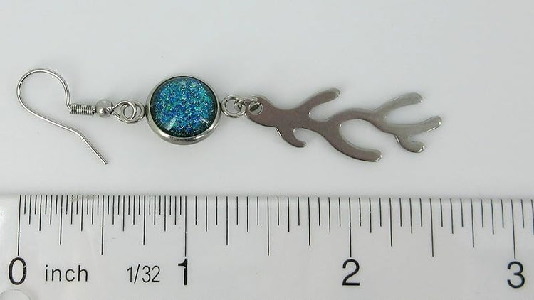 Summerfield Collection Stainless Steel Mismatch Glitter Glass Fish and Coral Charm Dangle Earrings Handpainted Ocean Theme