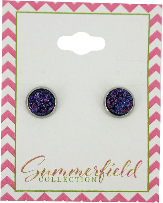 Summerfield Collection Stainless Steel Glitter Faux Druzy Stone Stud Earrings 8mm (Galaxy Blue Purple)