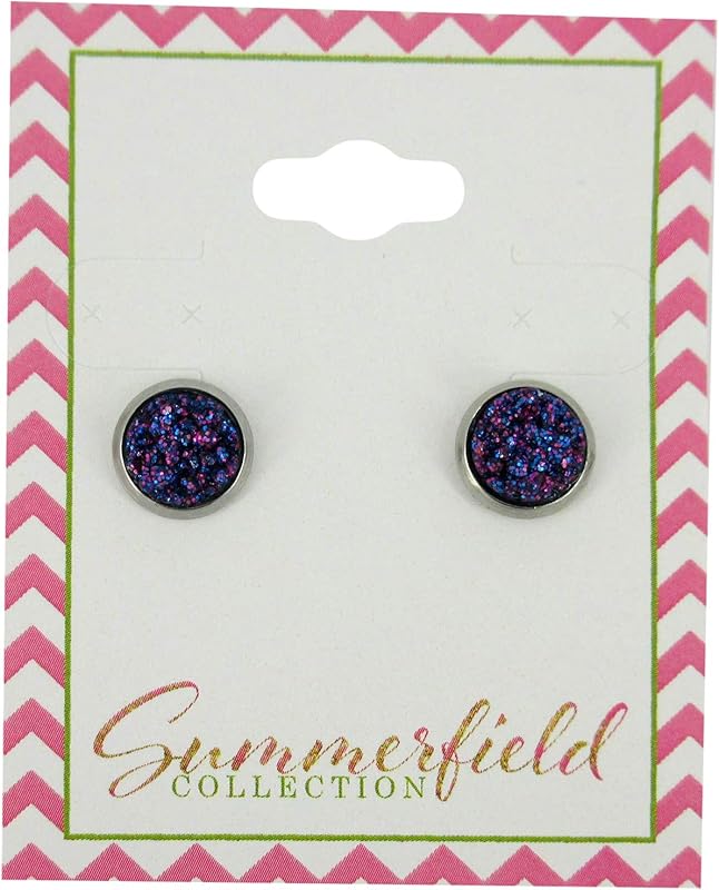 Summerfield Collection Stainless Steel Glitter Faux Druzy Stone Stud Earrings 8mm (Galaxy Blue Purple)
