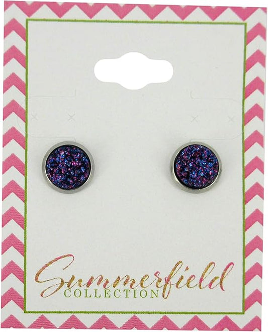 Stainless Steel Glitter Faux Druzy Stone Stud Earrings 8mm (Galaxy Blue Purple)
