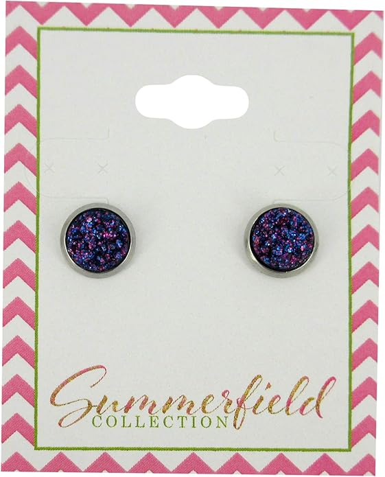 Stainless Steel Glitter Faux Druzy Stone Stud Earrings 8mm (Galaxy Blue Purple)