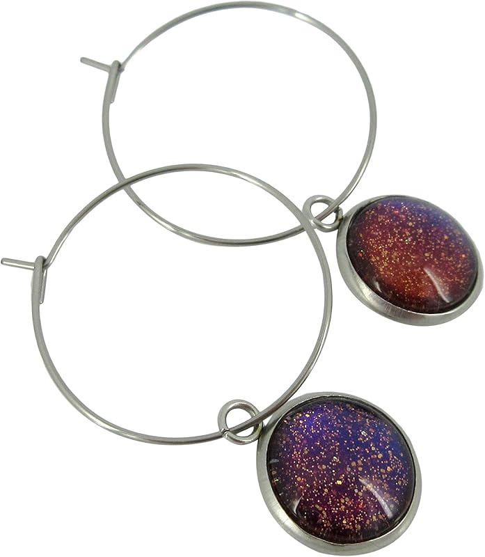 Summerfield Collection Stainless Steel Blue Red Purple and Gold Glitter Glass Charm Hoop Earrings Hand-painted 1"