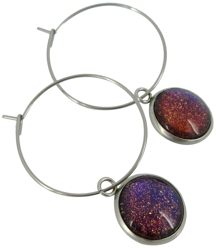 Stainless Steel Blue Red Purple and Gold Glitter Glass Charm Hoop Earrings Hand-painted 1"