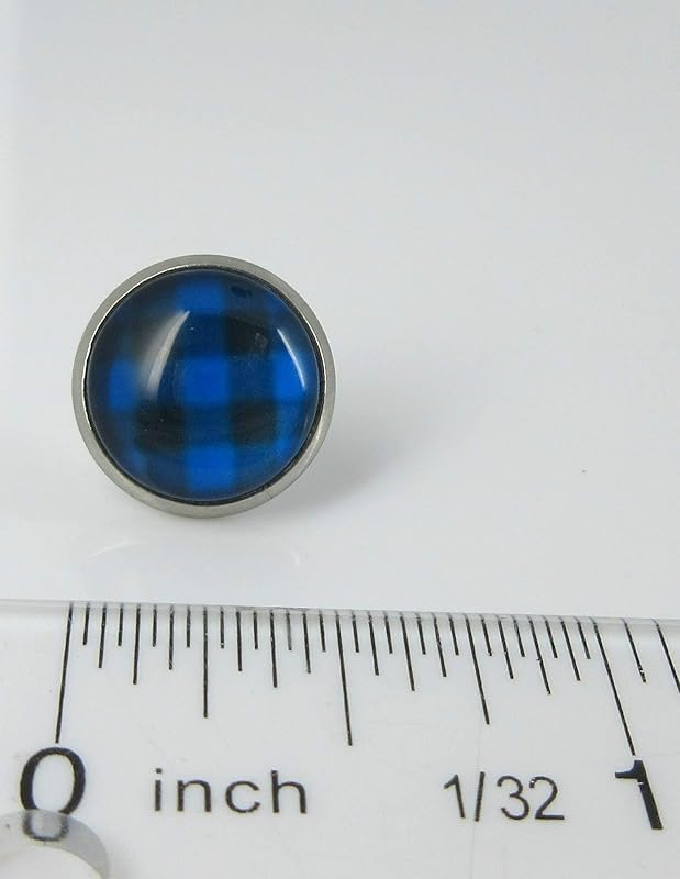 Summerfield Collection Stainless Steel Buffalo Plaid Print Glass Stud Earrings 12mm (Blue/Dk Gray)