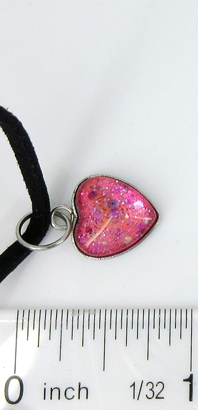 Summerfield Collection Hot Pink Hand-painted Glass Heart Choker Necklace Faux Black Suede Cord Dangle Earrings Set