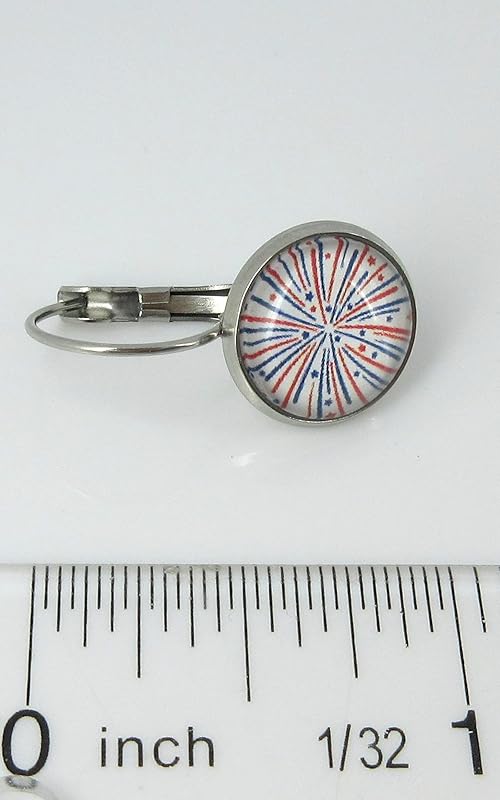 Summerfield Collection Stainless Steel Firework Print Glass Lever-back Drop Earrings 12mm Red White Blue USA