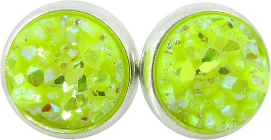 Summerfield Collection Silver-tone Neon Yellow AB Faux Druzy Stone Stud Earrings (8mm)