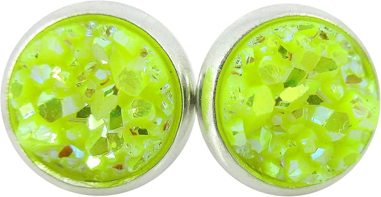 Summerfield Collection Silver-tone Neon Yellow AB Faux Druzy Stone Stud Earrings (8mm)