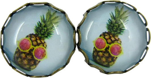 Summerfield Collection Antiqued Gold-tone Pineapple Print Glass Stud Earrings 12mm