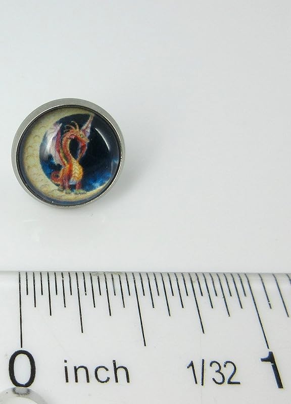 Summerfield Collection Stainless Steel Orange Dragon on Moon Print Glass Stud Earrings 12mm